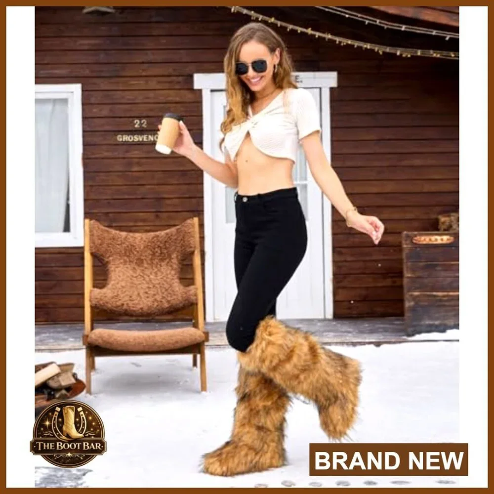 Knee-High Faux Fur Snow Boots Winter Warm Fluffy Pull-On Mukluks